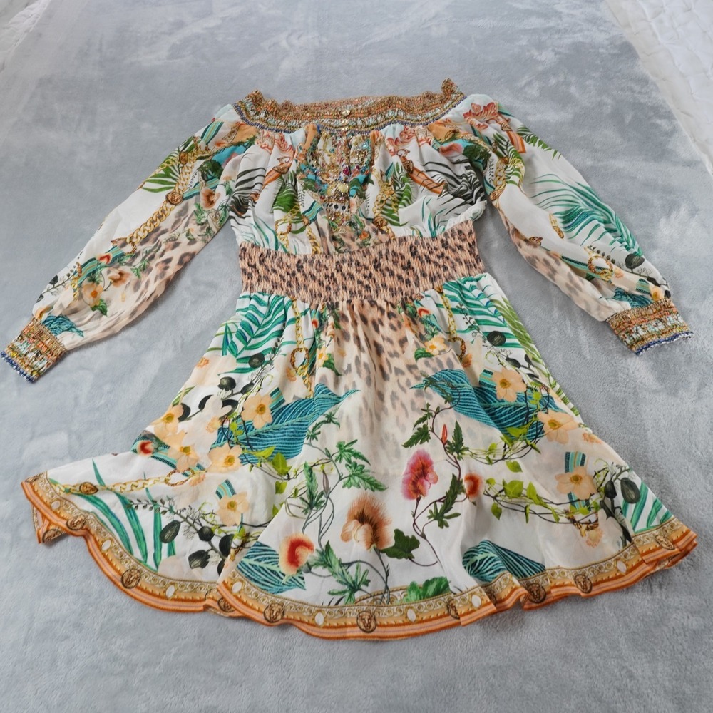Camilla Silk Off Shoulder Embellished Mini Dress Animal Tropical Sz M Resort - Picture 3 of 16